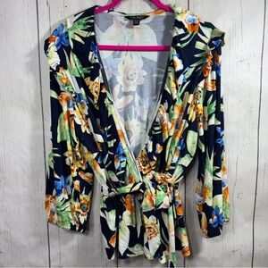 Lauren Ralph Lauren Floral Wrap Blouse Tropical Ruffle Tie Waist XL Resort